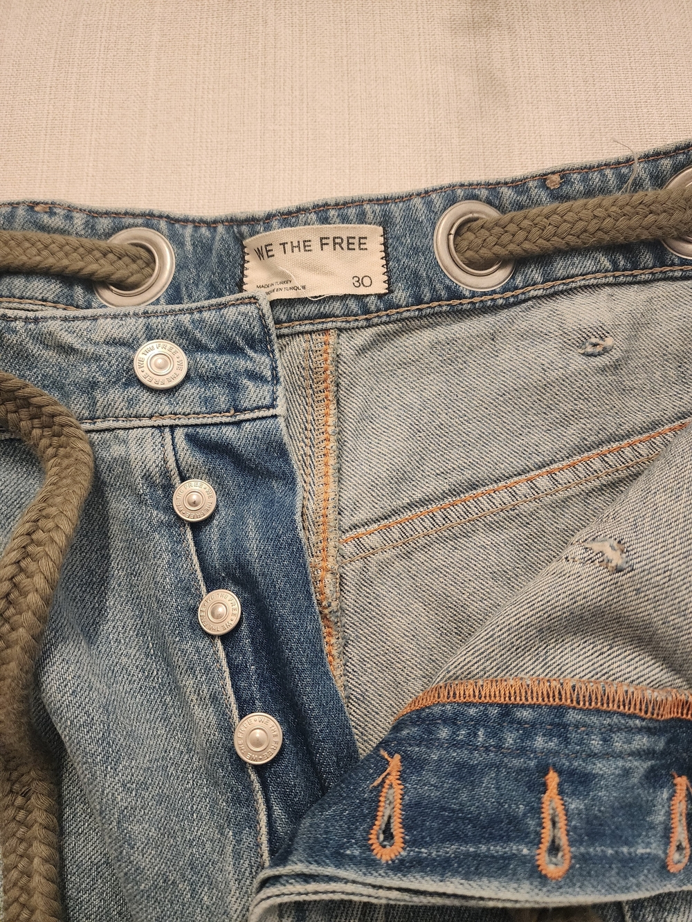 Free People Light Blue Washed Denim Shorts with Olive Drawcord